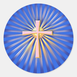 Rays of Light from the Religious Cross (On Blue) Classic Round Sticker