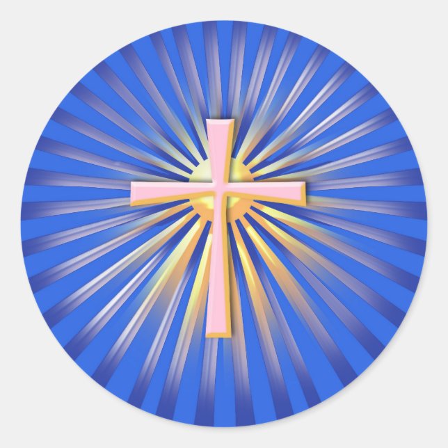 Rays of Light from the Religious Cross (On Blue) Classic Round Sticker (Front)