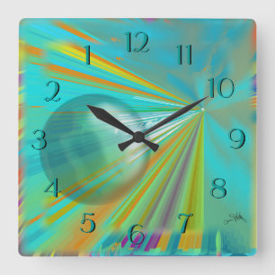 Rays on Planet Abstract Design in Turquoise Square Wall Clock