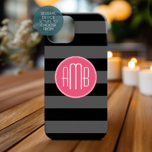 Rayures de rugby noir et gris avec monogramme rose