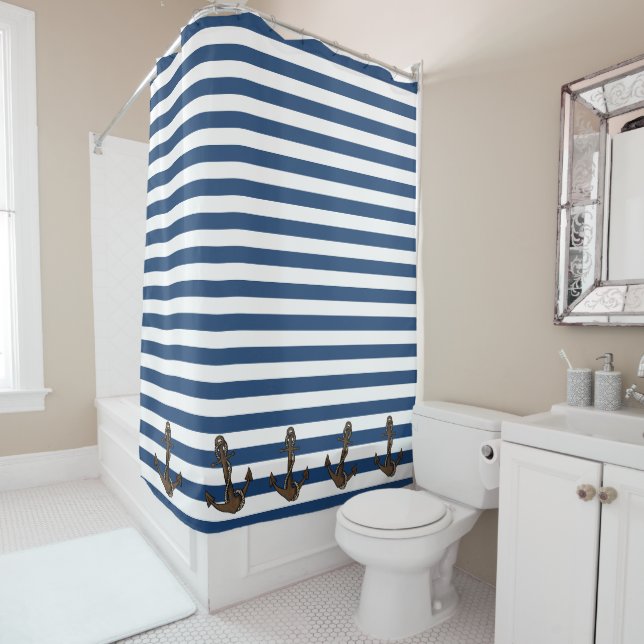Rayures et Ancres nautiques Rideau de douche (En situation)