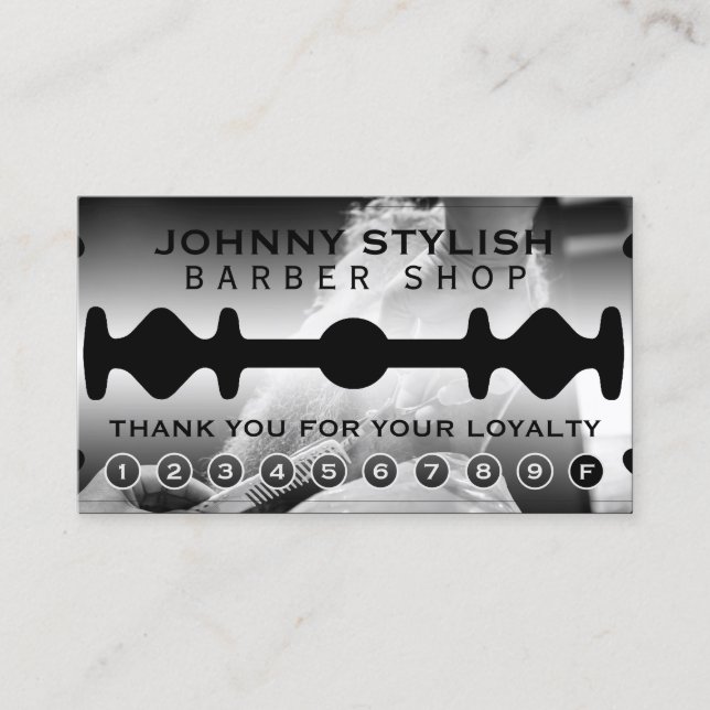 Razor blade frame loyalty business card (Front)
