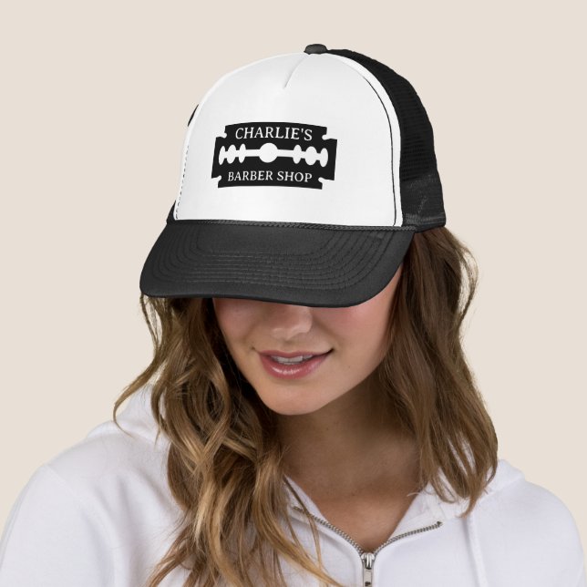 Razor blade logo cool barber shop trucker hat (In Situ)