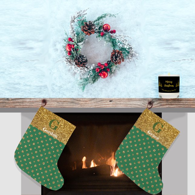 Razzle Dazzle Christmas Glitter Polka Dots Green Large Christmas Stocking (Creator Uploaded)