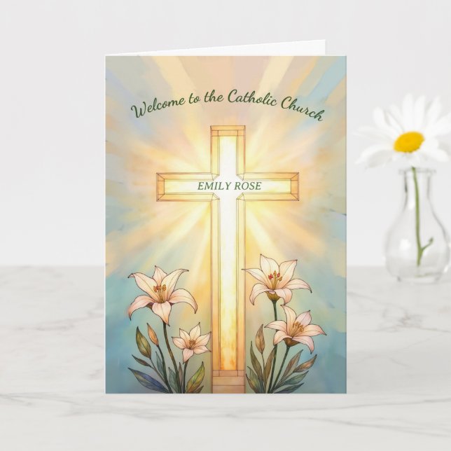RCIA Name Welcome Catholic Church Cross Lilies Card (Small Plant)