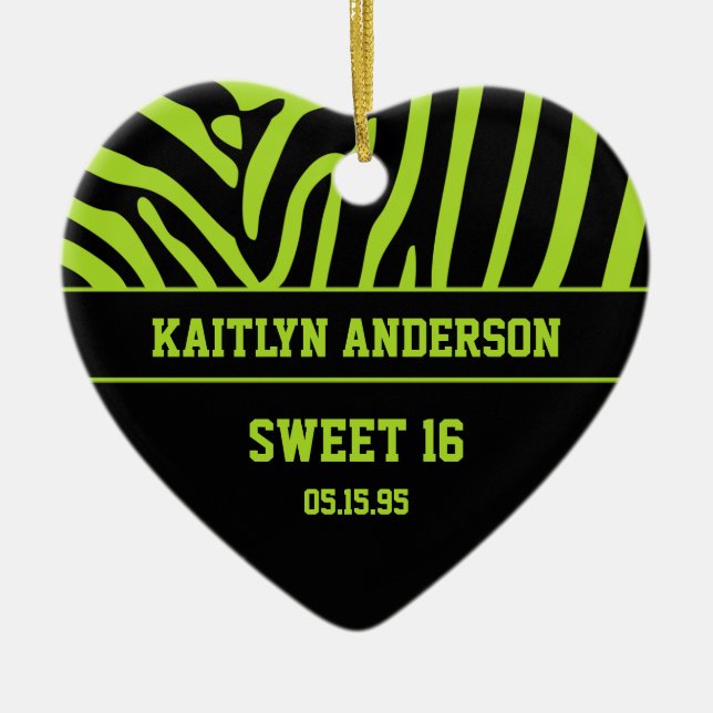 RE-DO Zebra Print and Lime Green Sweet 16 Keepsake Ceramic Ornament (Front)