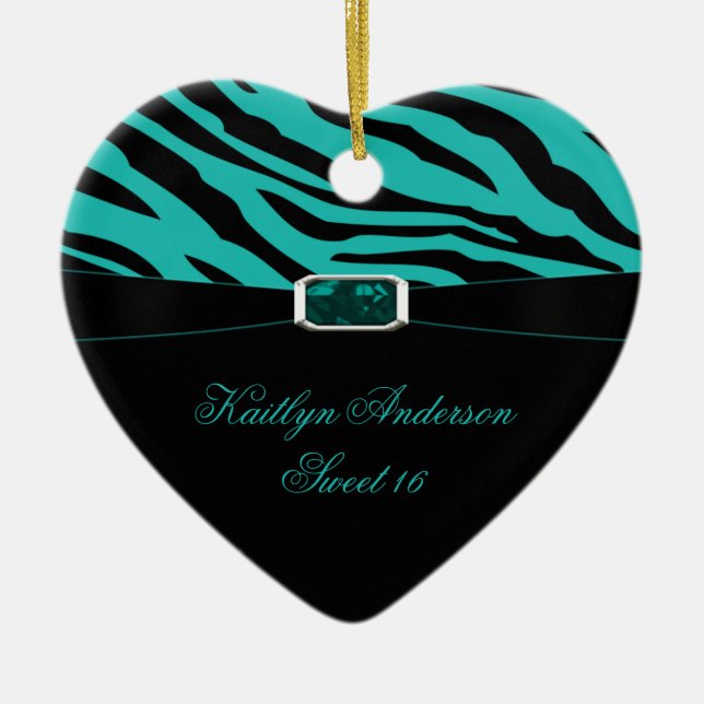 RE-DO Zebra Print and Teal Jewel Sweet 16 Keepsake Ceramic Ornament (Front)