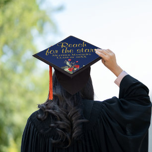 Reach for the Stars Blue and Gold Red Floral Graduation Cap Topper