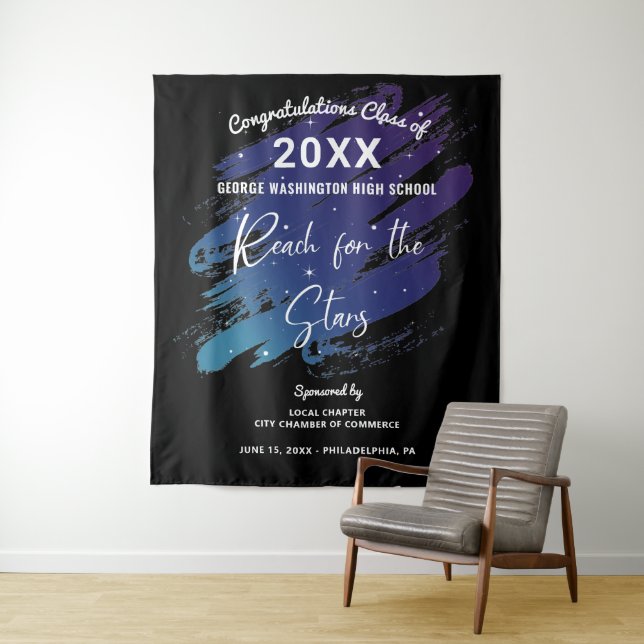 Reach for the Stars Graduation Photo Backdrop Tapestry (In Situ)
