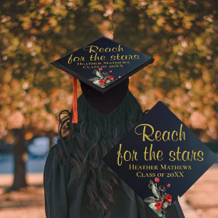Reach for the Stars Midnight Blue Gold Red Flowers Graduation Cap Topper
