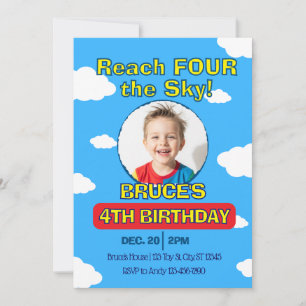 Reach FOUR the Sky, Picture Clouds 4th Birthday Invitation