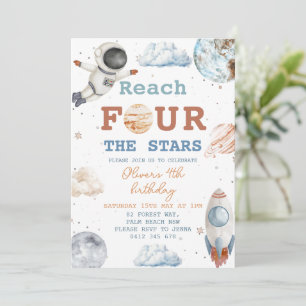 Reach Four The Stars Boy Space 4th Birthday Invitation
