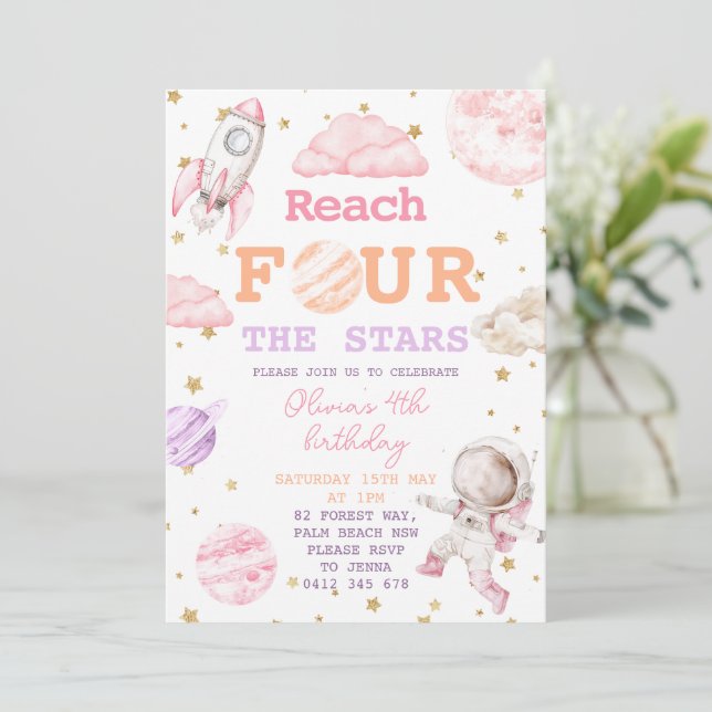 Reach Four The Stars Girls Space 4th Birthday Invitation (Standing Front)