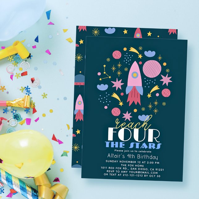 Reach FOUR The Stars Navy Space Boy Birthday Invitation (Creator Uploaded)