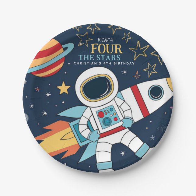 Reach Four The Stars Space 4th Birthday Paper Plate (Front)