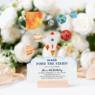 Reach FOUR the Stars Space Rocket Kids Birthday Acrylic Invitations