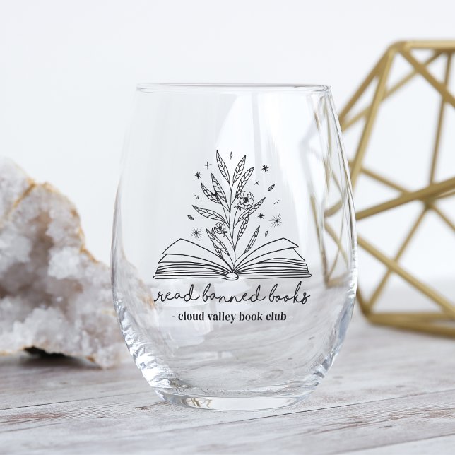 Read Banned Books Blooming Floral Personalized Stemless Wine Glass (Creator Uploaded)