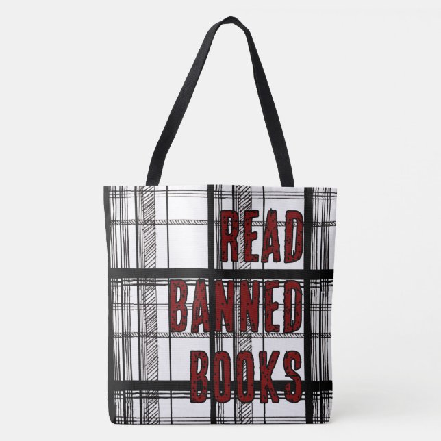 Read Banned Books Hand Drawn Plaid Tote Bag (Front)