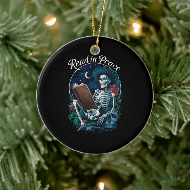 Read in Peace Skeleton Reading Book Lover Bookish  Ceramic Ornament (Tree)