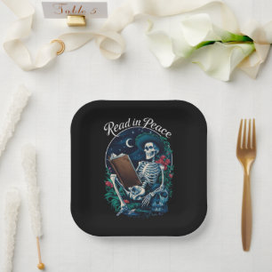 Read in Peace Skeleton Reading Book Lover Bookish  Paper Plate