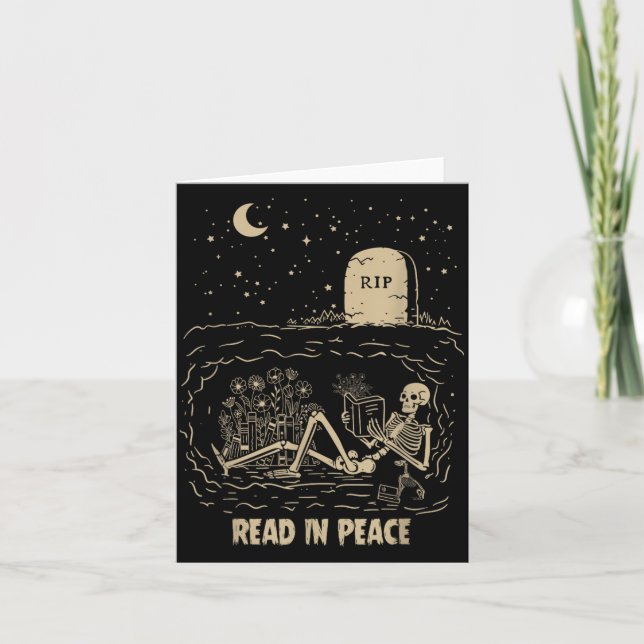 Read In Peace Skeleton Reading Books Funny Card (Front)