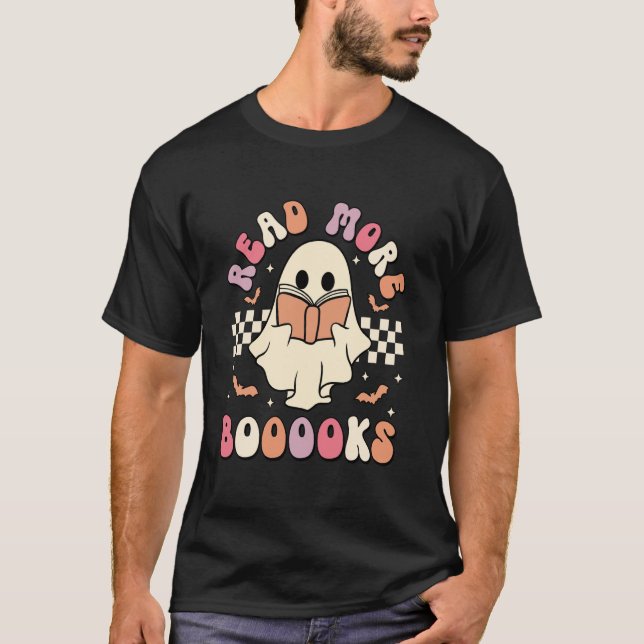 Read Moe Booooks Teacher Student Spooky Ghost Hall T-Shirt (Front)