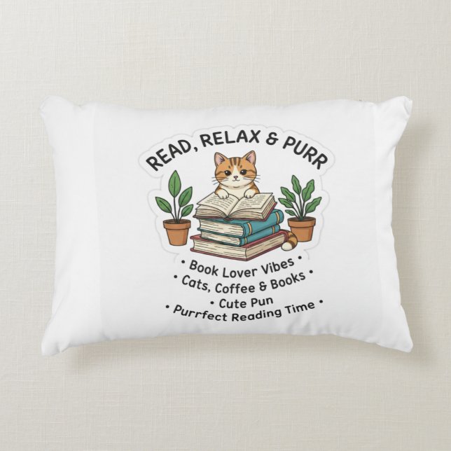 Read Relax & Purr – Cute Cat With Books Sticker |  Accent Pillow (Front)