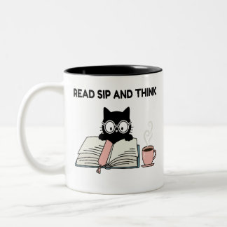 Read Sip And Think Cute Cat Reading Book & Coffee Two-Tone Coffee Mug