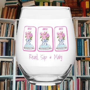 Read, Sip & Mahj Book Lover Mahjong Personalized Stemless Wine Glass
