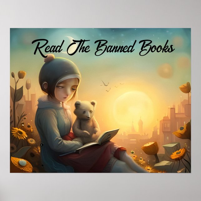Read the Banned Books Girl and Bear Reading Poster (Front)