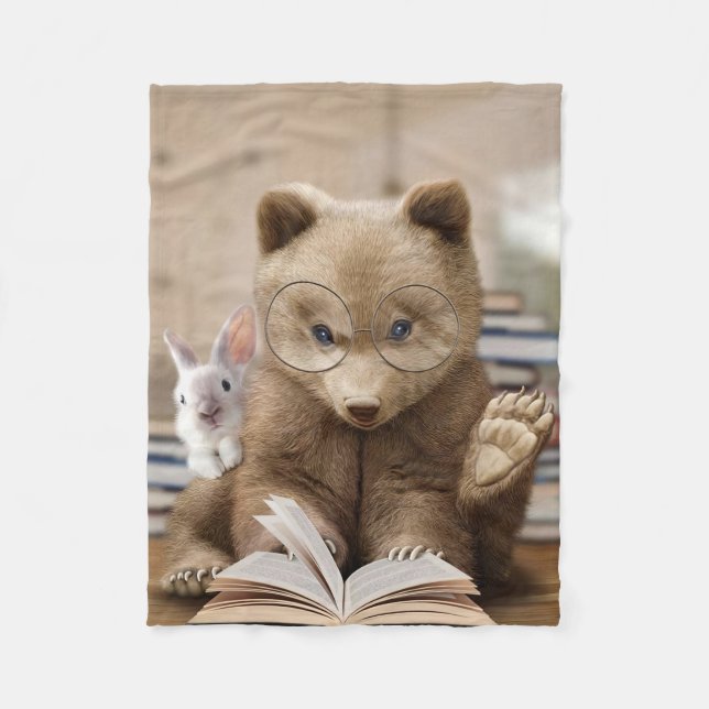 Reader Gift Bear And Rabbit Read Books Fleece Blanket (Front)