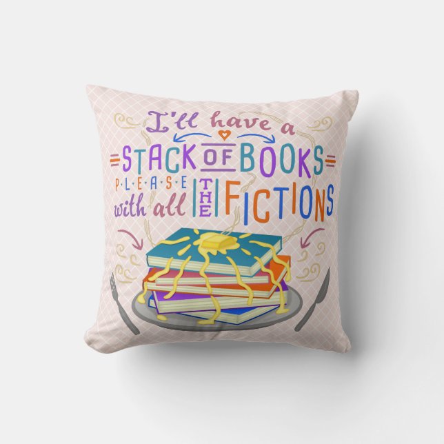 Readers Humour Stack of Books with Fictions Cute Throw Pillow (Front)
