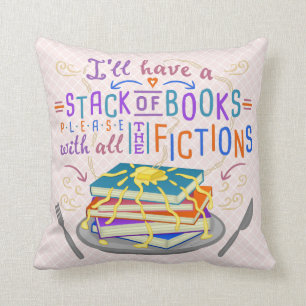 Readers Humour Stack of Books with Fictions Cute Throw Pillow