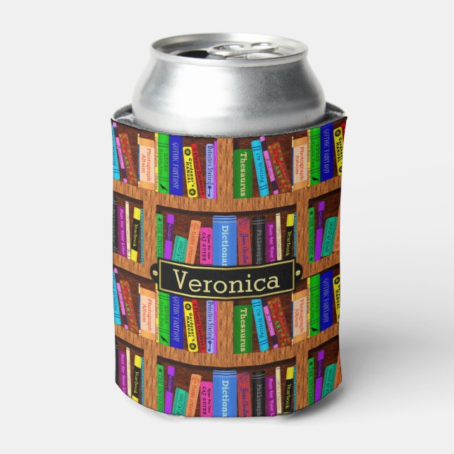 Readers Library Bookshelf Book Pattern Custom Name Can Cooler (Can Front)