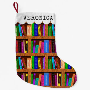 Readers Library Bookshelf Book Pattern Custom Name Small Christmas Stocking