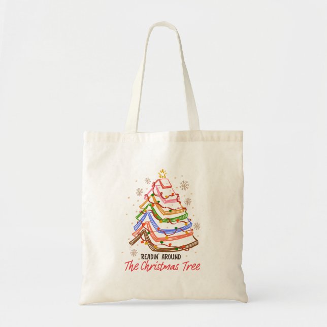 Readin' Around The Christmas Tree Book Lover Tote Bag (Front)