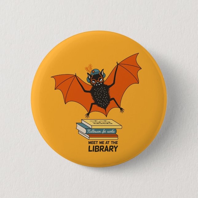 Reading Bat | Whimsical Librarian with Books 2 Inch Round Button (Front)