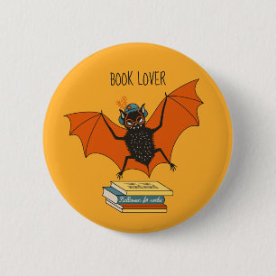 Reading Bat   Whimsical Librarian with Books 2 Inch Round Button