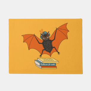 Reading Bat   Whimsical Librarian with Books Doormat