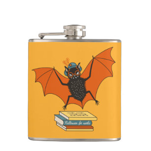 Reading Bat Whimsical Librarian with Books Hip Flask