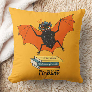 Reading Bat Whimsical Librarian with Books Throw Pillow