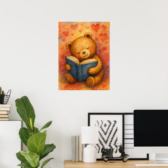 Reading Bear in Love – Watercolor Art (No Texr) Poster (Home Office)