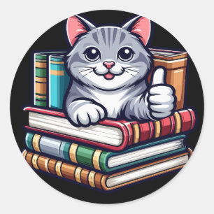 reading books cat teacher school classic round sticker