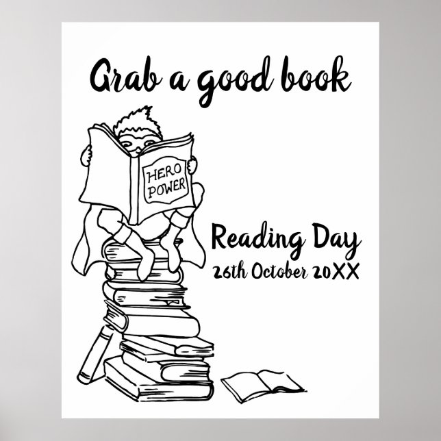 Reading boy hero on books color in school poster (Front)