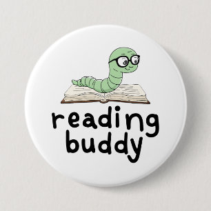 Reading Buddy Cute Bookworm With Book 3 Inch Round Button