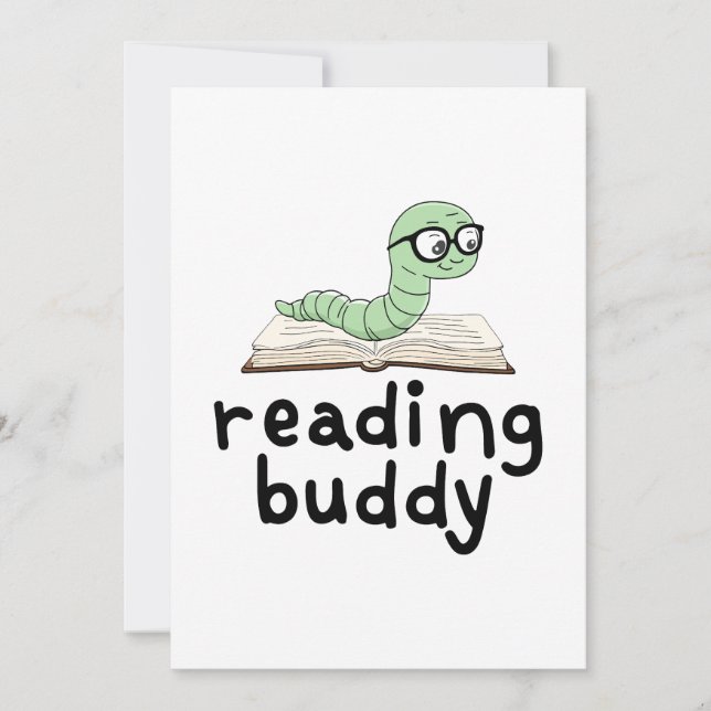 Reading Buddy Cute Bookworm With Book Invitation (Front)