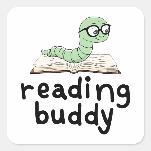 Reading Buddy Cute Bookworm With Book Square Sticker (Front)