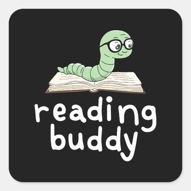 Reading Buddy Cute Bookworm with Book Square Sticker (Front)