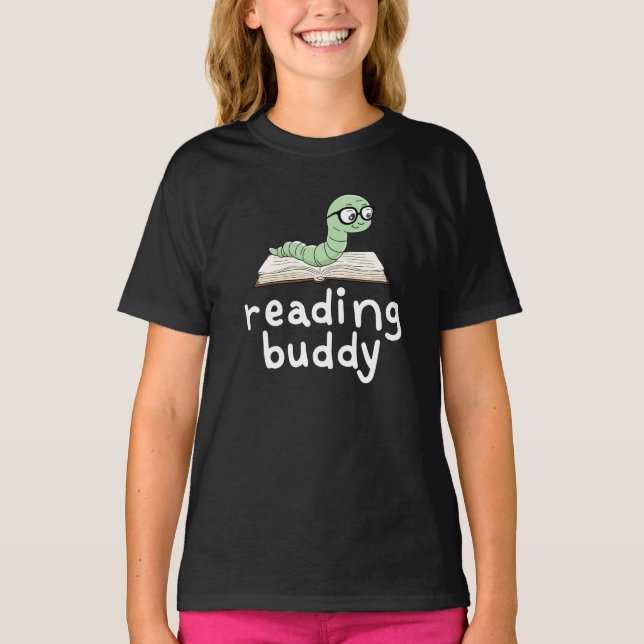 Reading Buddy Cute Bookworm with Book T-Shirt (Front)