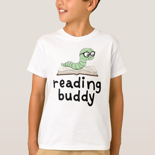 Reading Buddy Cute Bookworm With Book T-Shirt (Front)